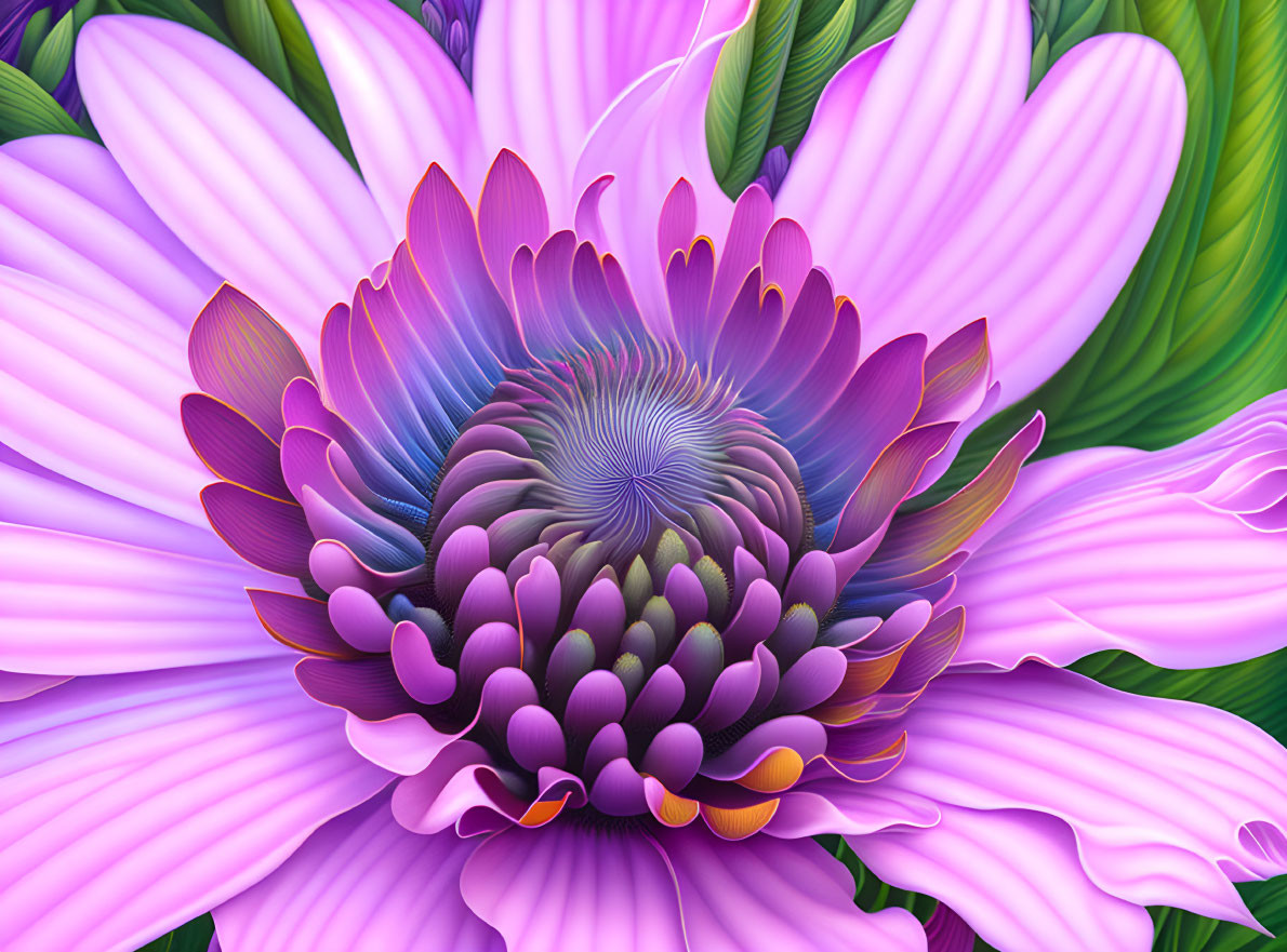 Vibrant purple, pink, and green flower with intricate spiral center