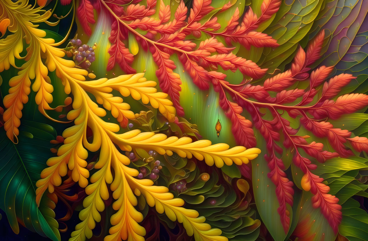 Colorful digital artwork featuring stylized foliage with intricate leaves in red, yellow, and green hues,