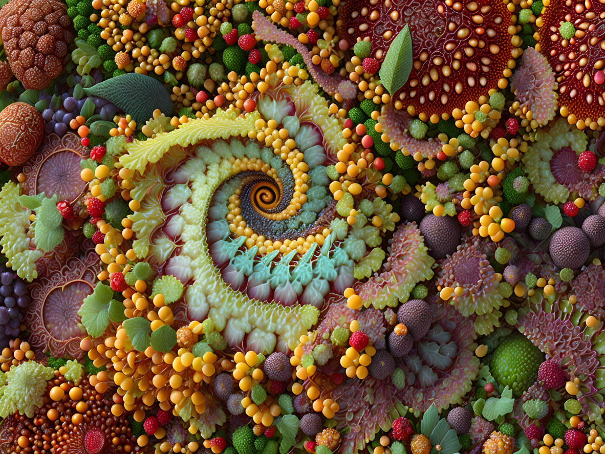 Colorful Fractal Image with Spiral Pattern and Natural Plant-like Designs