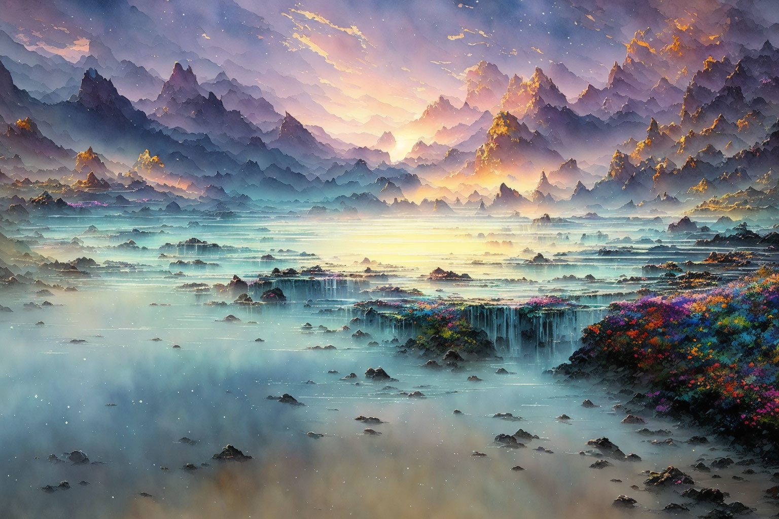 Colorful Flora and Layered Mountains in Vibrant Sunset Landscape