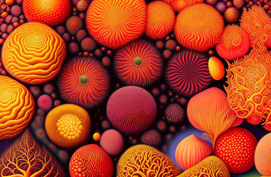 Abstract Textured Spheres in Red, Orange, and Yellow with Intricate Patterns