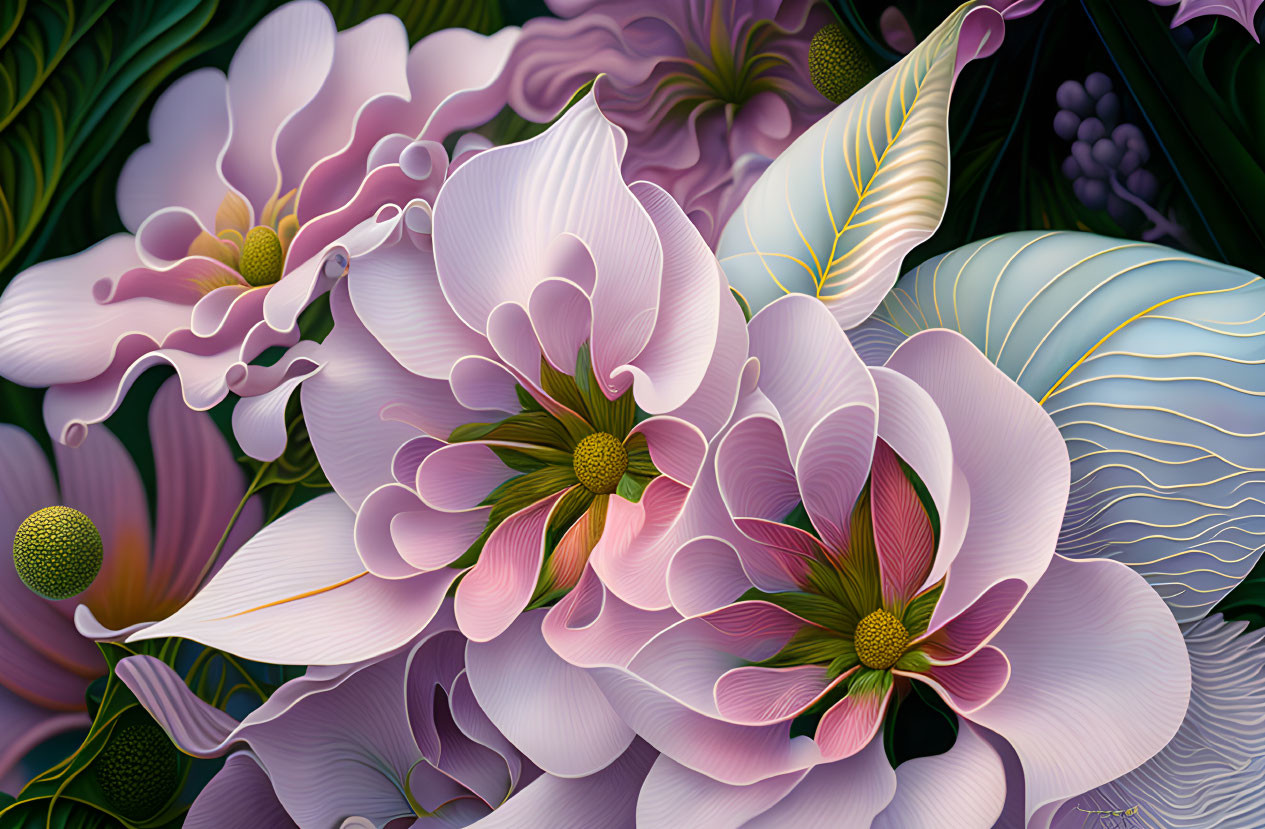 Stylized pink and white flowers with intricate patterns