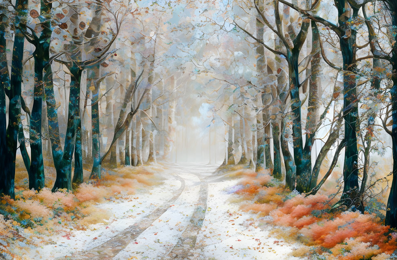 Tranquil forest path with colorful autumn trees