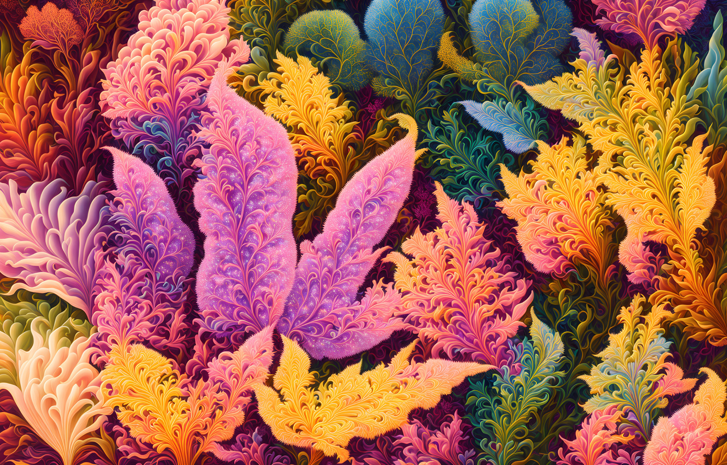 Colorful digital artwork: Intricate multicolored leaves and floral patterns