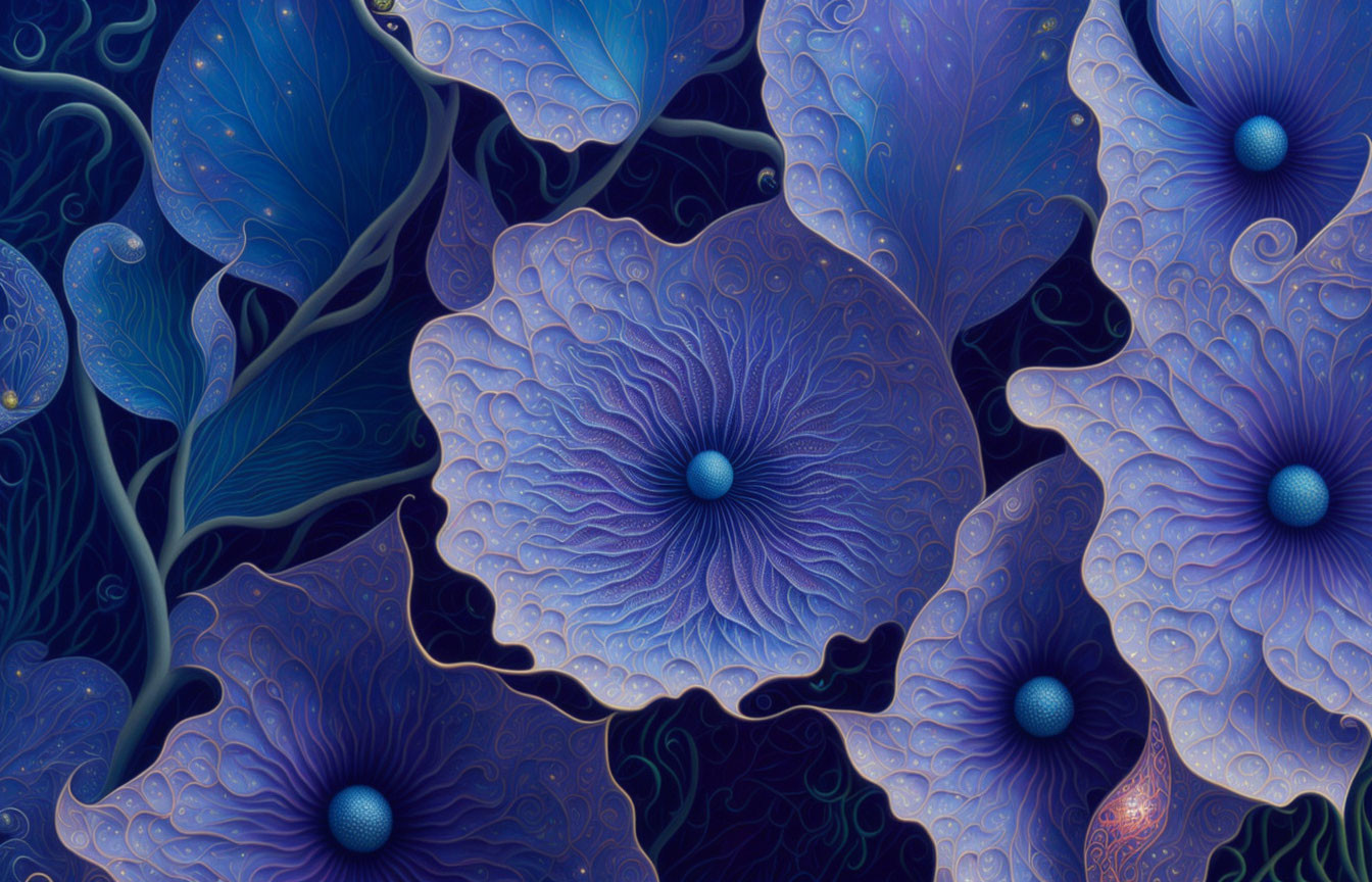 Stylized blue flowers digital art with intricate patterns