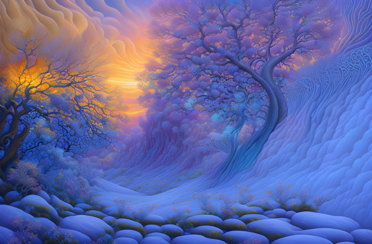 Colorful Whimsical Landscape with Detailed Tree and Sunset