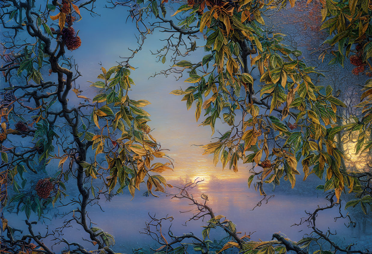 Tranquil winter lake at sunrise with frost-covered branches