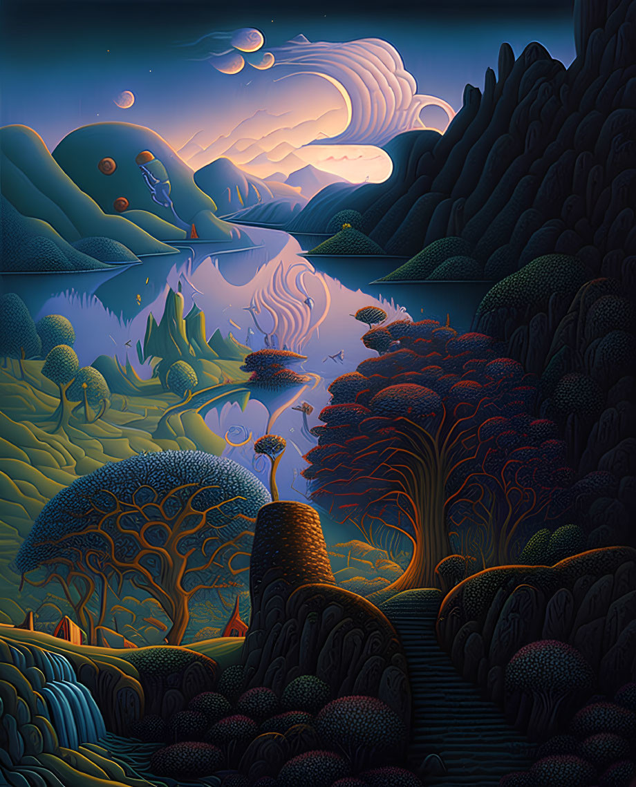 Vibrant surreal landscape with stylized trees and multiple moons
