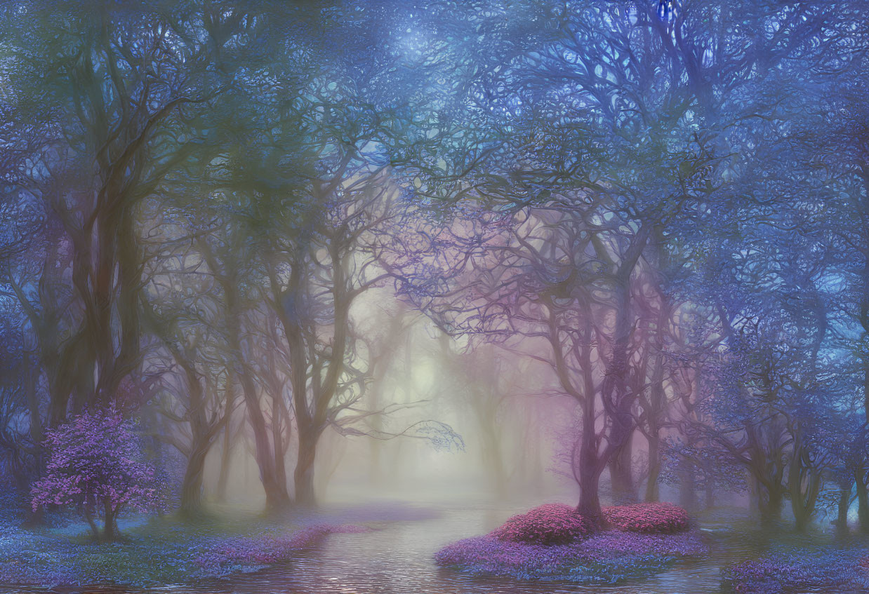 Mystical forest with watery ground and fog in blue and pink hues