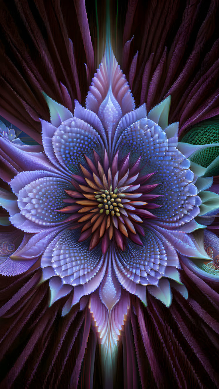 Vibrant symmetrical flower fractal with rich purple-green palette