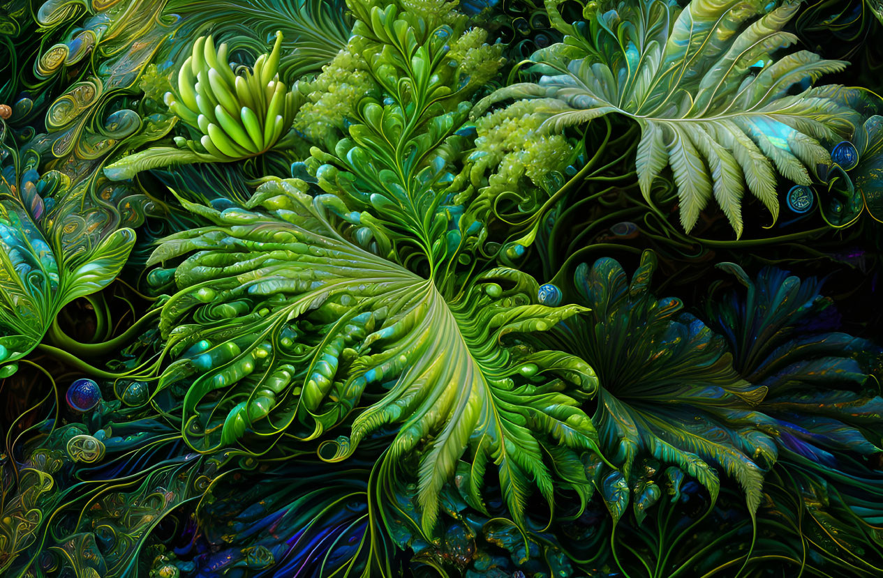 Green leaf-like fractal patterns in intricate digital artwork