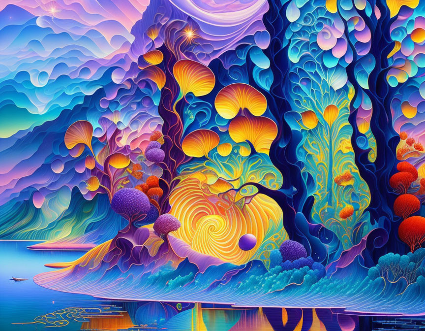 Colorful psychedelic landscape with swirling patterns and fantastical plant-like formations