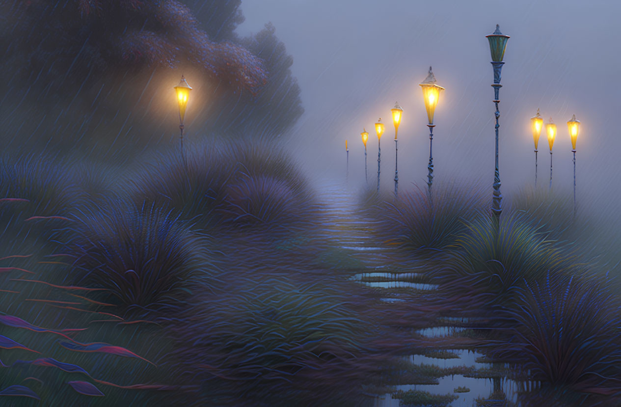 Tranquil rainy scene: glowing street lamps, lush flora, dusky sky