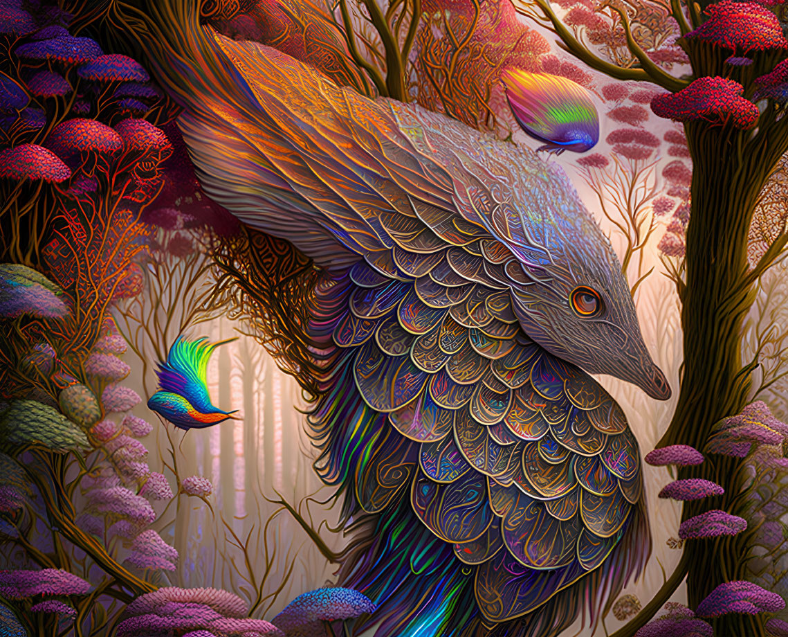 Colorful mythical bird illustration in lush forest with intricate feathers and purple flora.