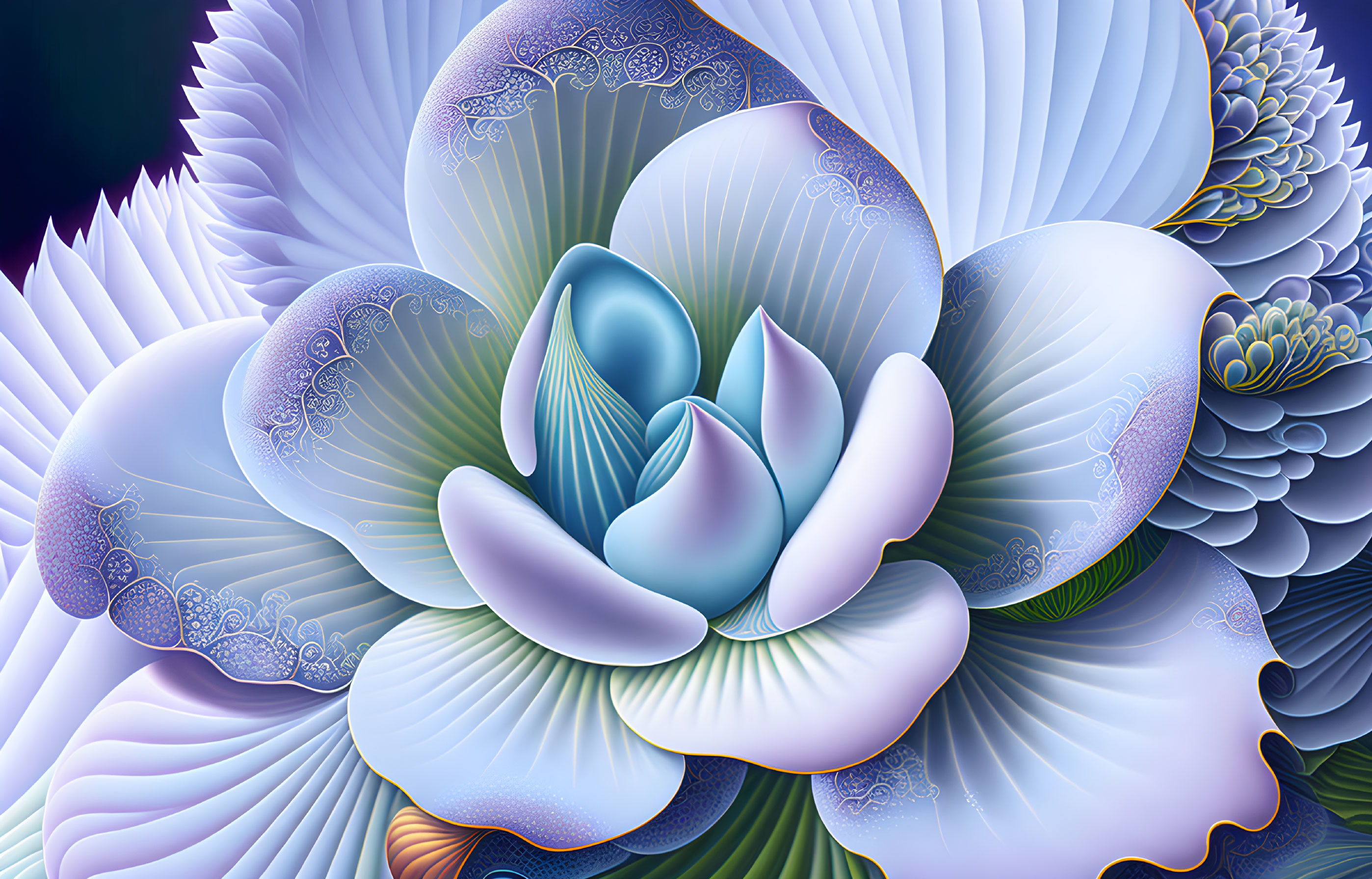 Stylized iridescent lotus flower in blue, white, and gold tones