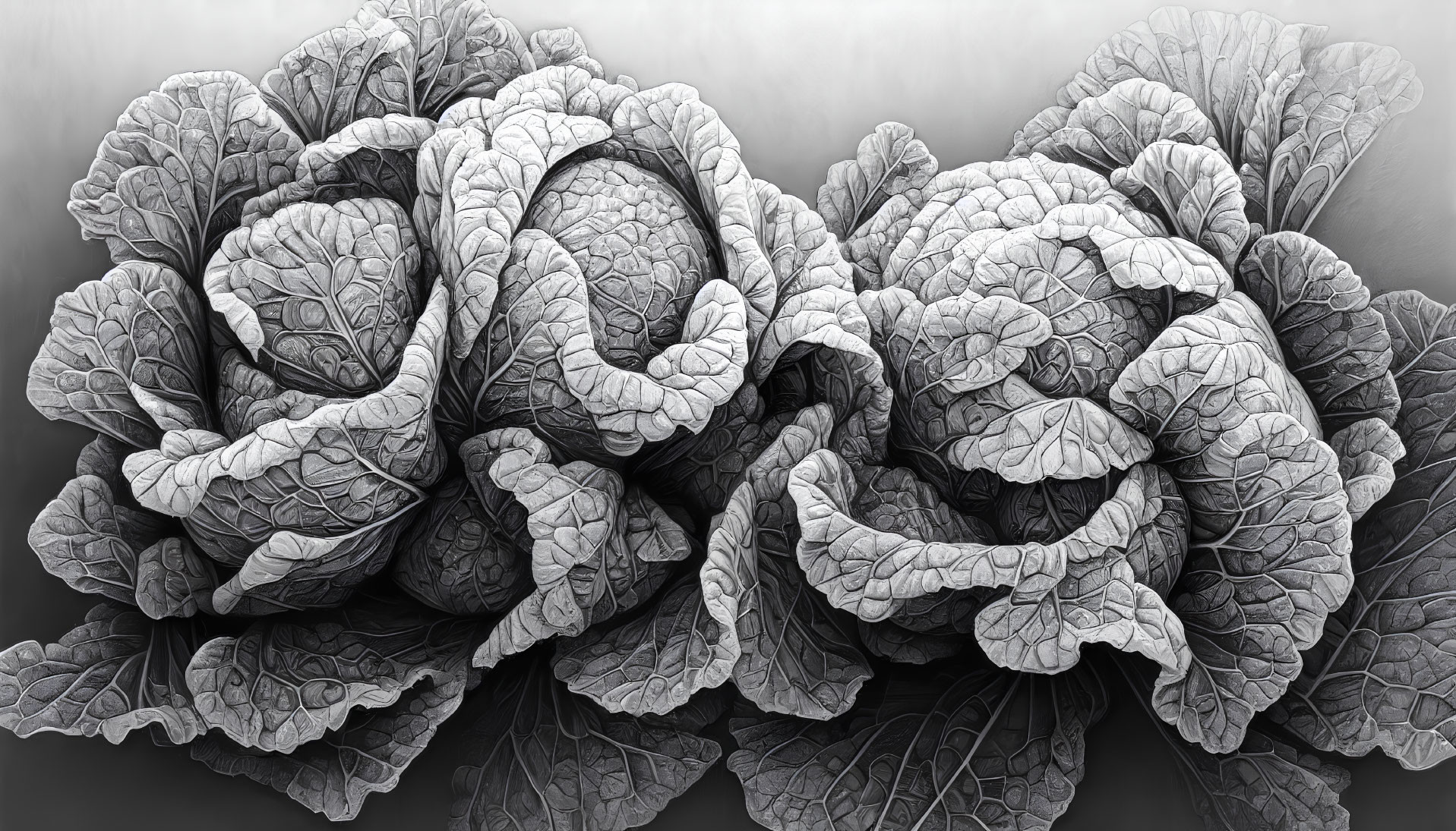 High-Contrast Grayscale Close-Up of Textured Leafy Vegetables