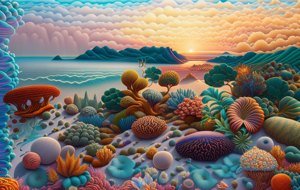 Colorful landscape of surreal ocean ecosystem with coral, flora, and mesmerizing sunset