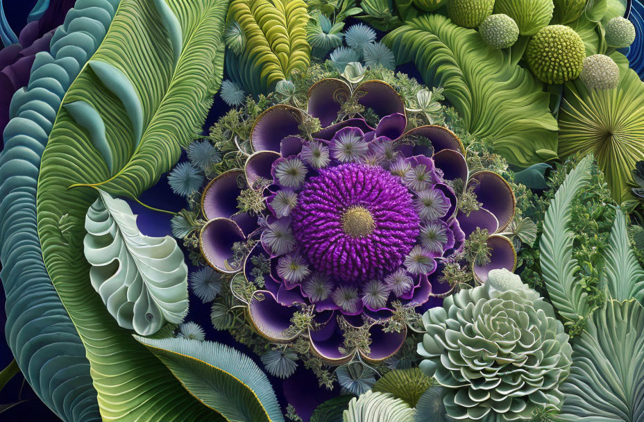 Colorful digital artwork: intricate fractal plants in green, purple, and yellow