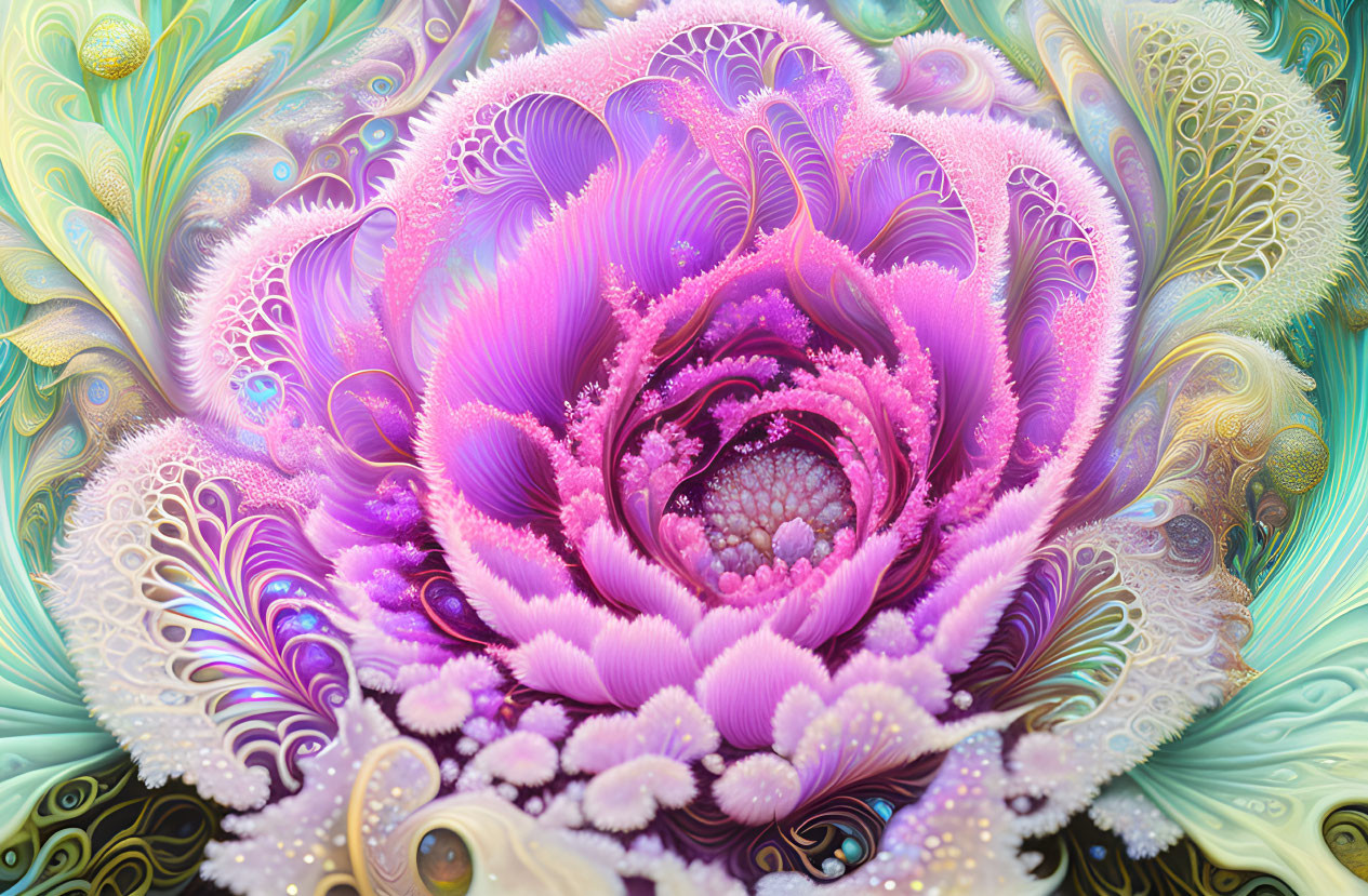 Colorful Fractal Image: Intricate Flower Design in Purple, Pink, Teal