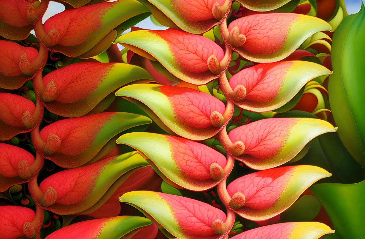 Colorful Heliconia Flowers with Red and Yellow Petals on Green Foliage