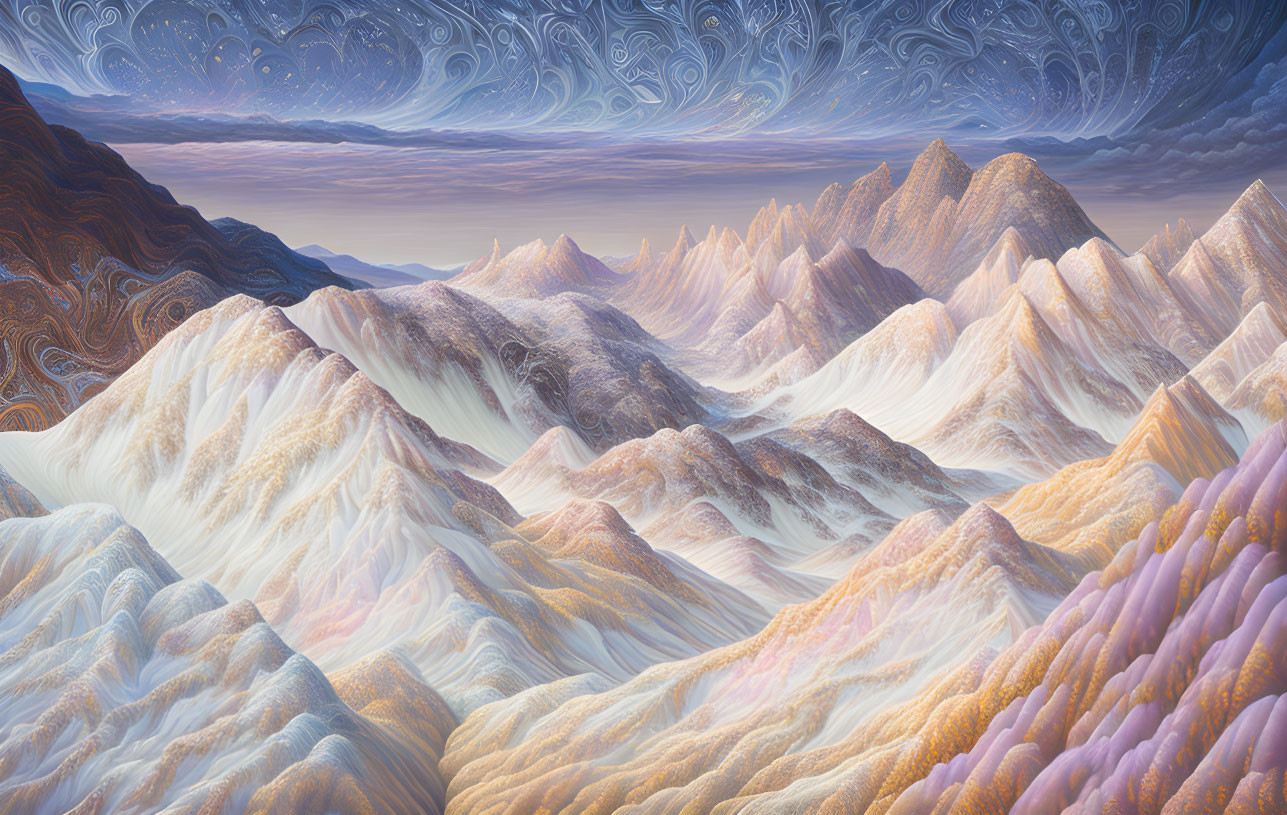 Surreal mountain landscape with swirling skies and textured terrain