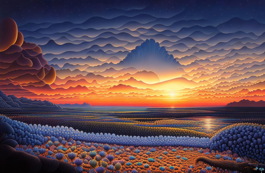 Stylized sunset landscape with layered hills and textured clouds