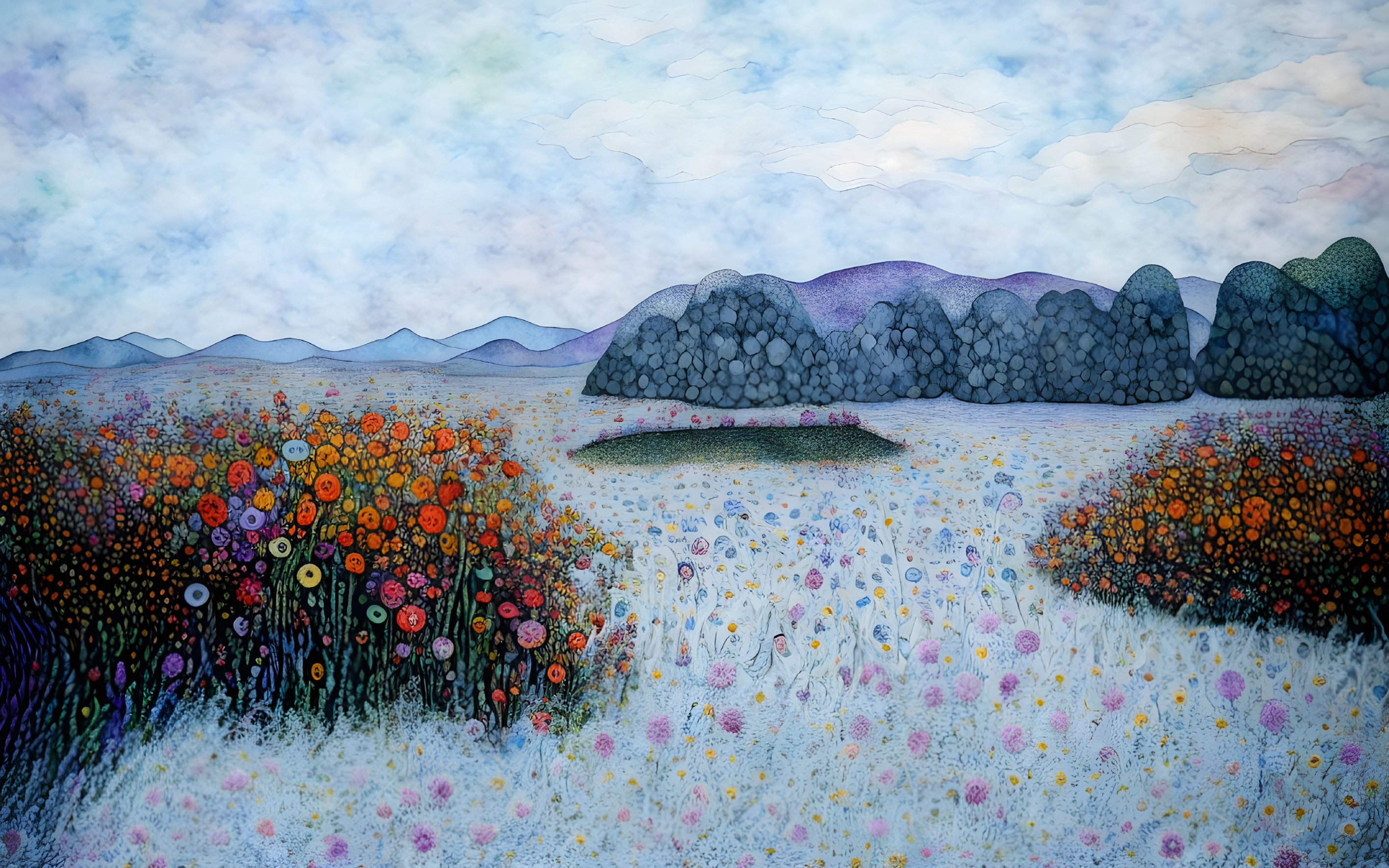 Vibrant meadow of flowers with stone wall under pastel sky