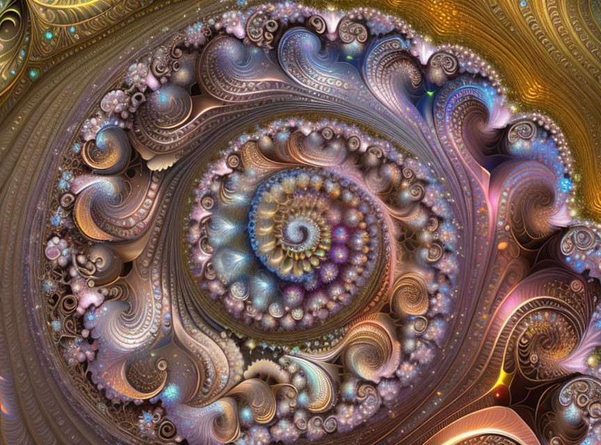 Detailed Fractal Image: Brown, Gold & Blue Spiral Patterns