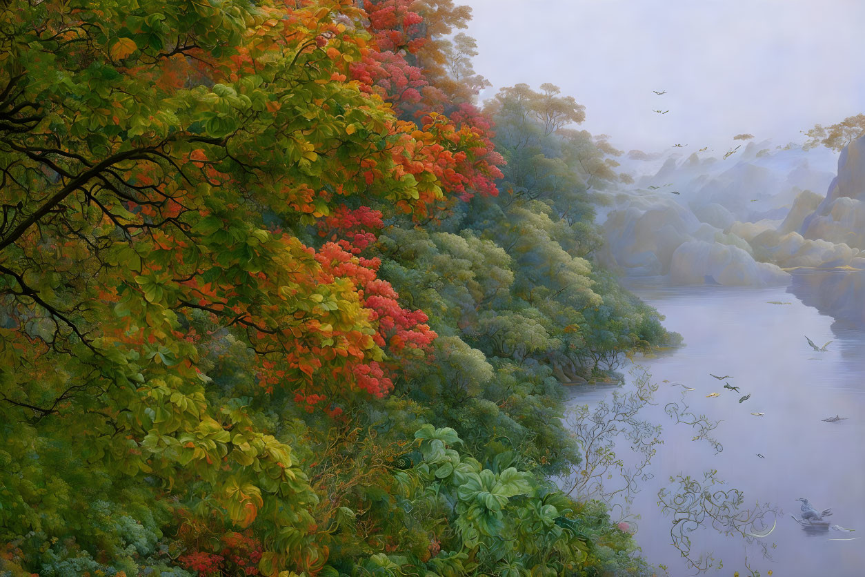 Tranquil autumn landscape with colorful foliage, misty river, and flying birds