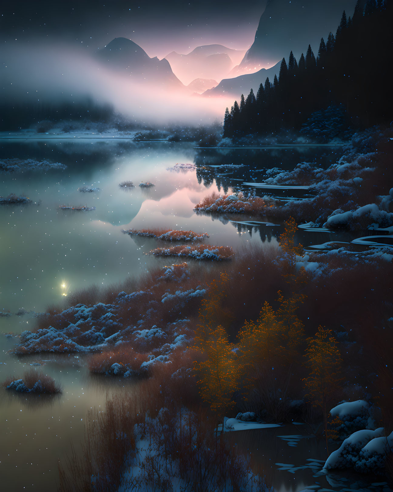 Snow-capped trees and misty mountains in serene twilight landscape