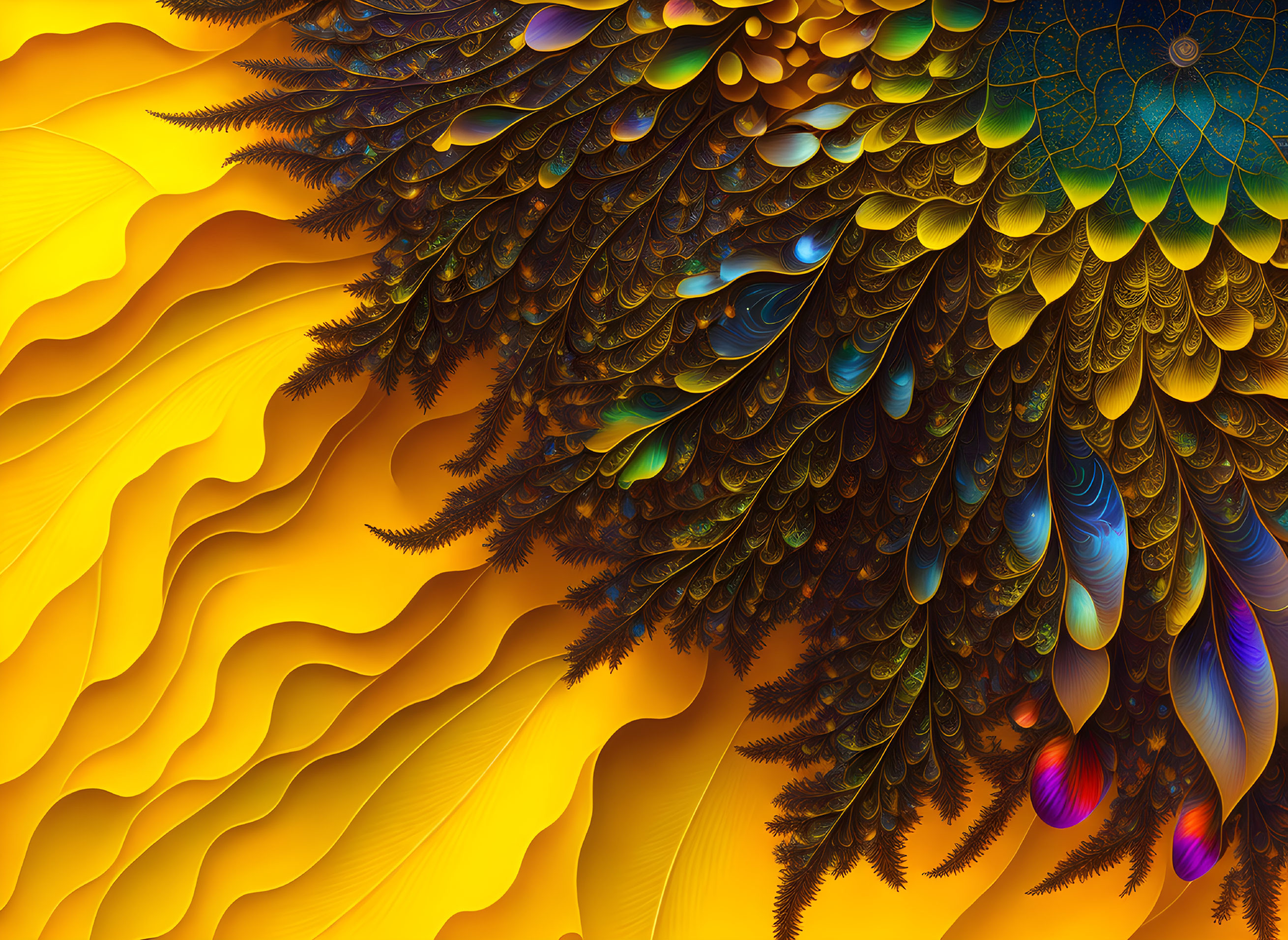 Abstract fractal design: Vibrant gold, orange, and blue feather-like patterns