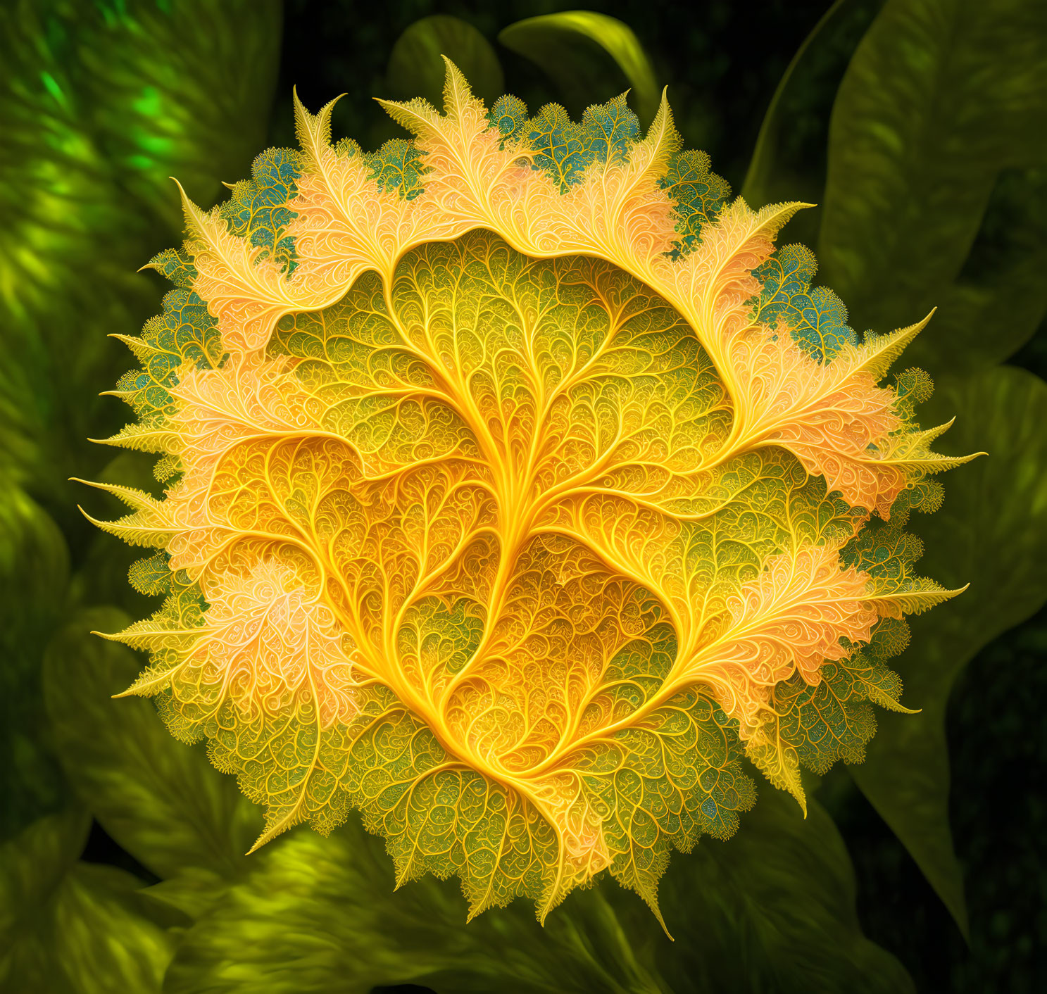 Intricate Yellow-Orange Leaf Fractal on Dark Green Background