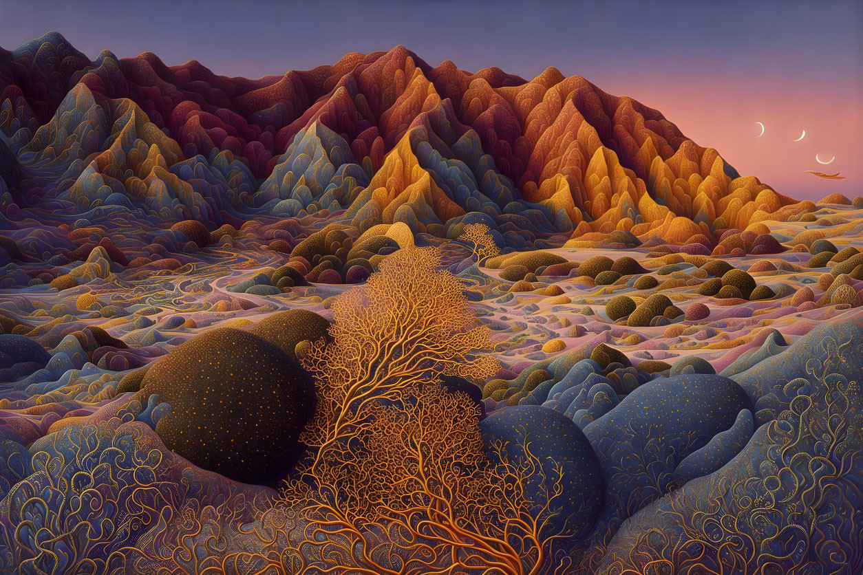 Colorful surreal landscape with patterned hills and glowing tree