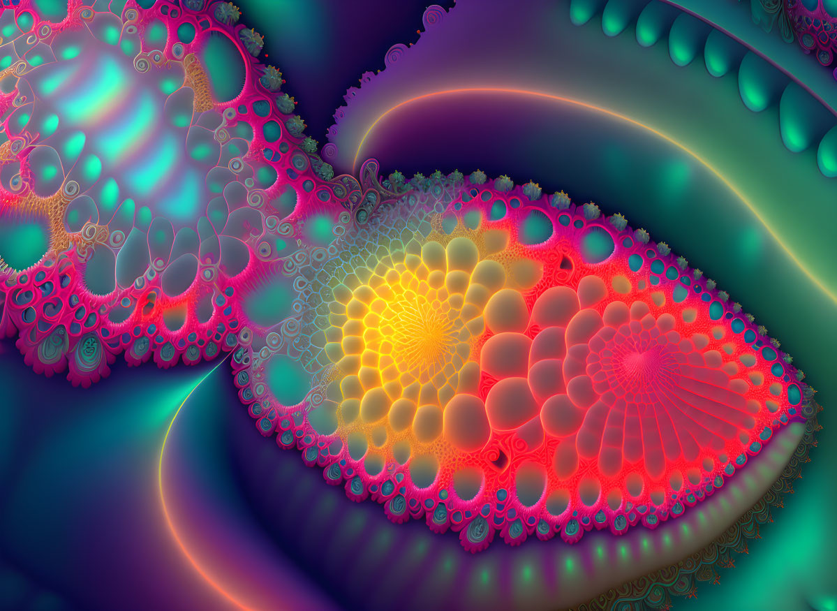 Colorful Neon Fractal Art: Abstract Sea Creatures and Coral Patterns