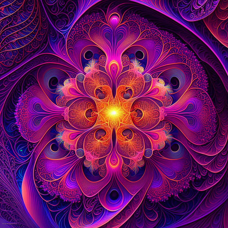 Symmetrical fractal digital artwork in rich purple and magenta hues