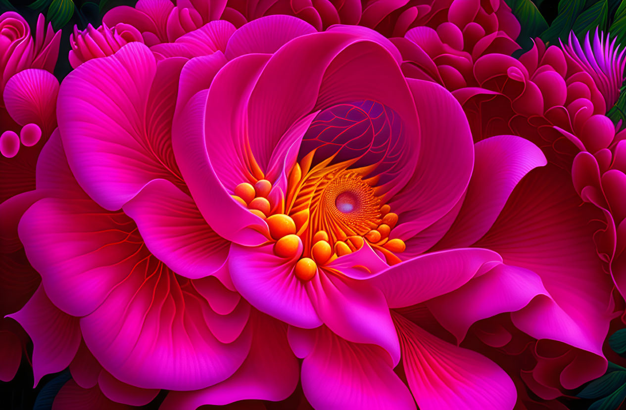 Vibrant digital artwork: Pink fractal flower with intricate patterns.