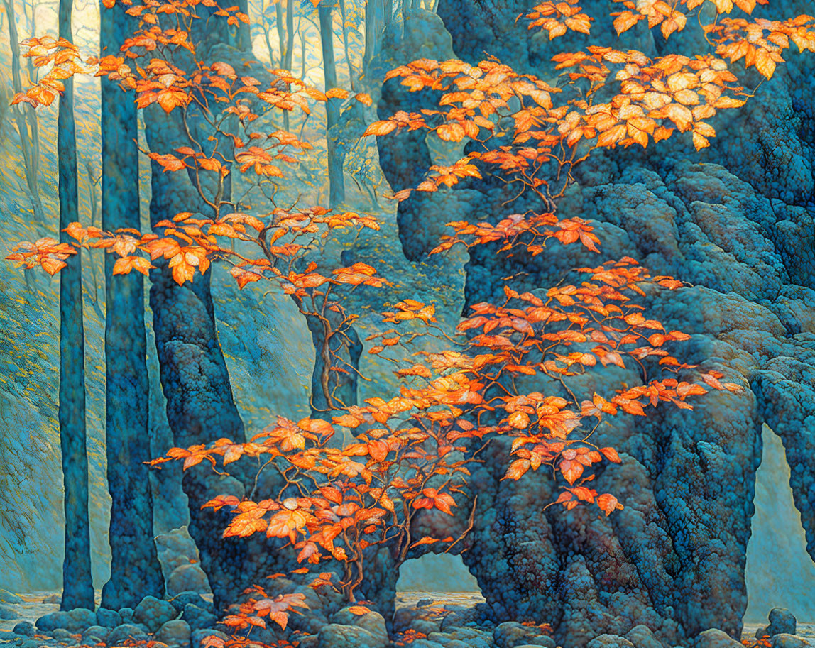 Vibrant forest scene with orange leaves and misty blue atmosphere