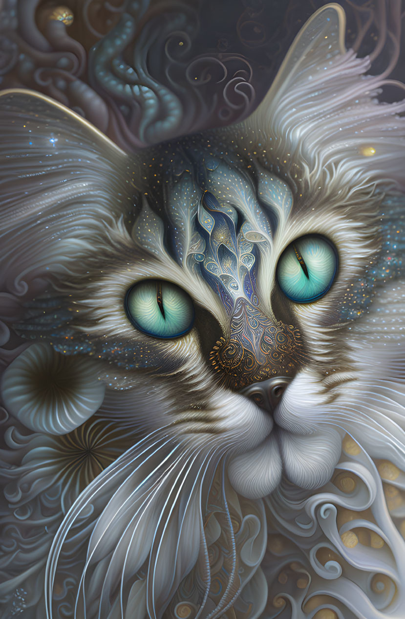 Fantastical cat digital artwork with vibrant blue eyes and intricate patterns