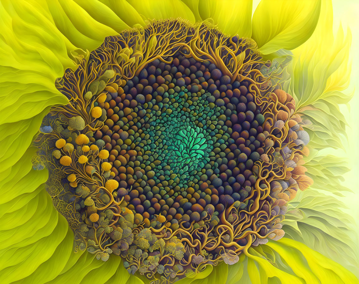 Vibrant sunflower digital artwork with intricate patterns