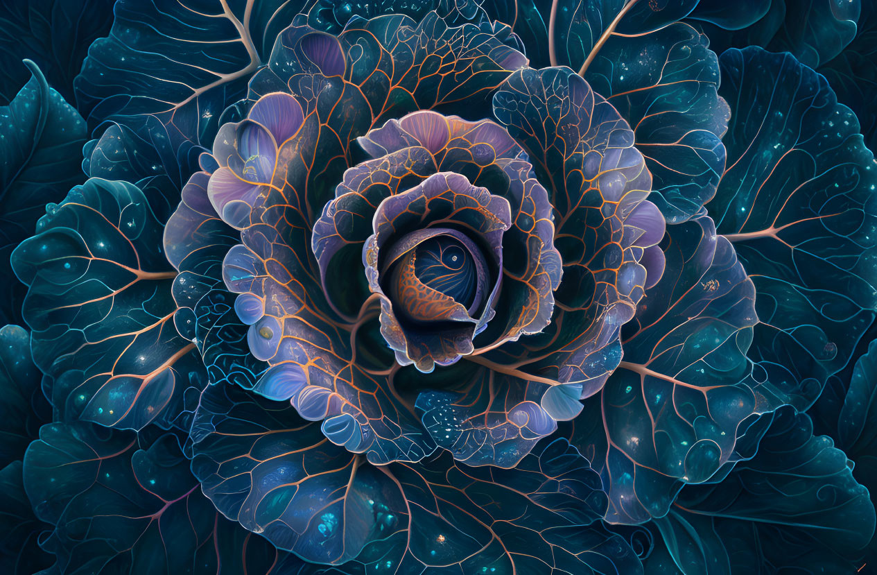 Detailed surreal blue flower digital artwork with intricate leafy patterns.