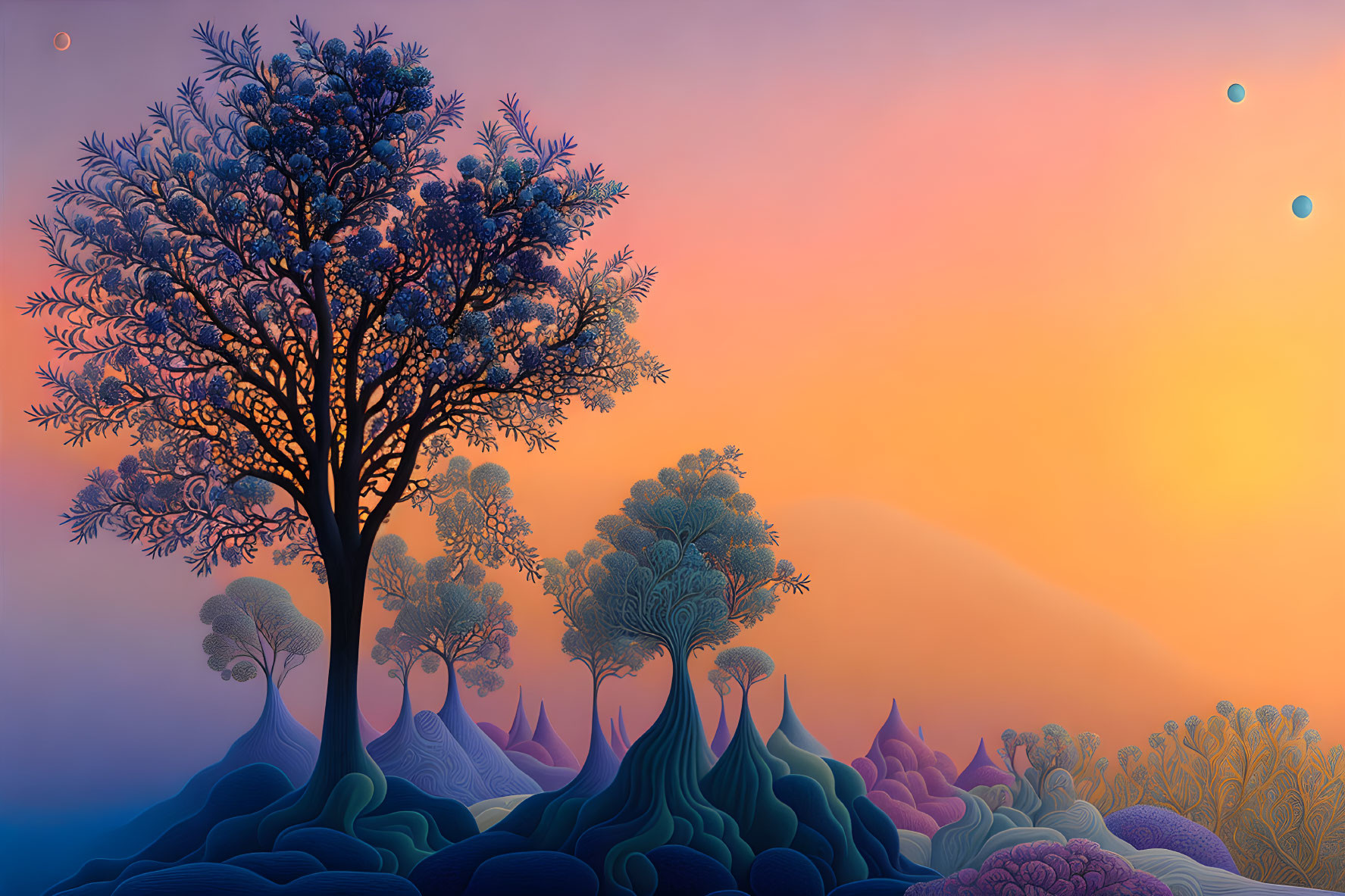 Stylized trees with intricate branches on gradient sunset background with blue orbs