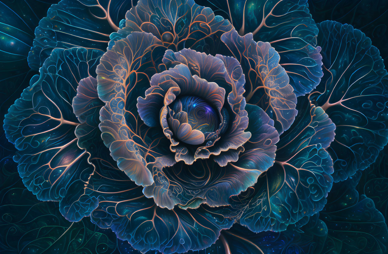 Surreal blue and purple flower with glowing edges and fractal center