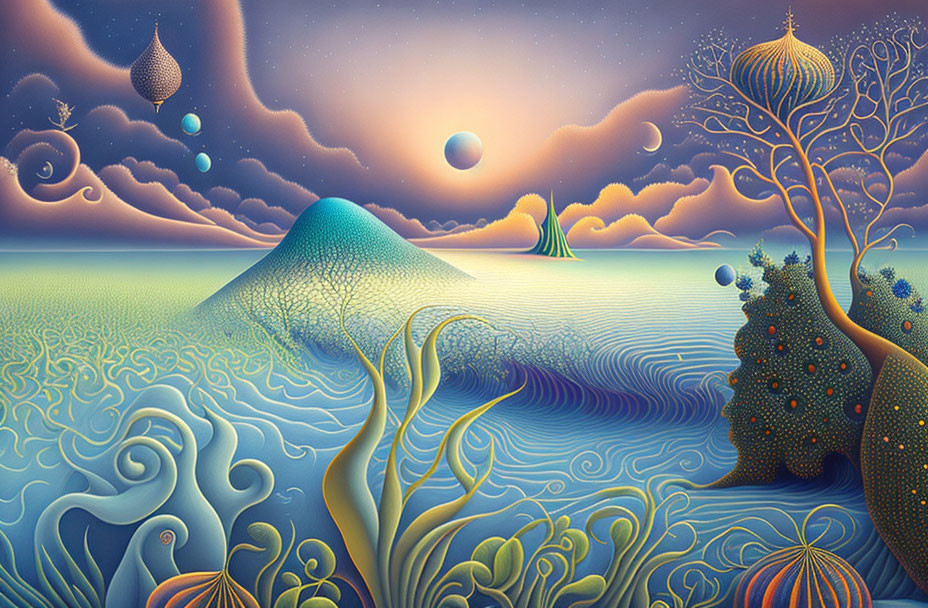 Abstract surreal landscape with stylized waves, whimsical trees, orbs, vibrant sky.