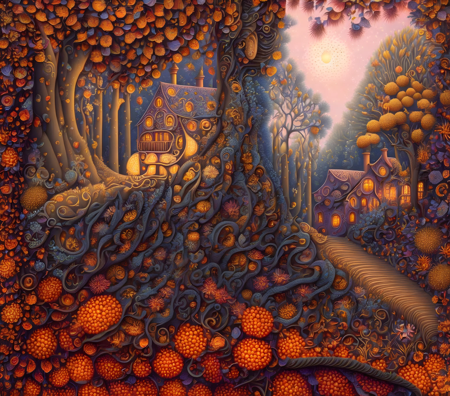 Whimsical autumn forest with intricate trees and fantasy houses