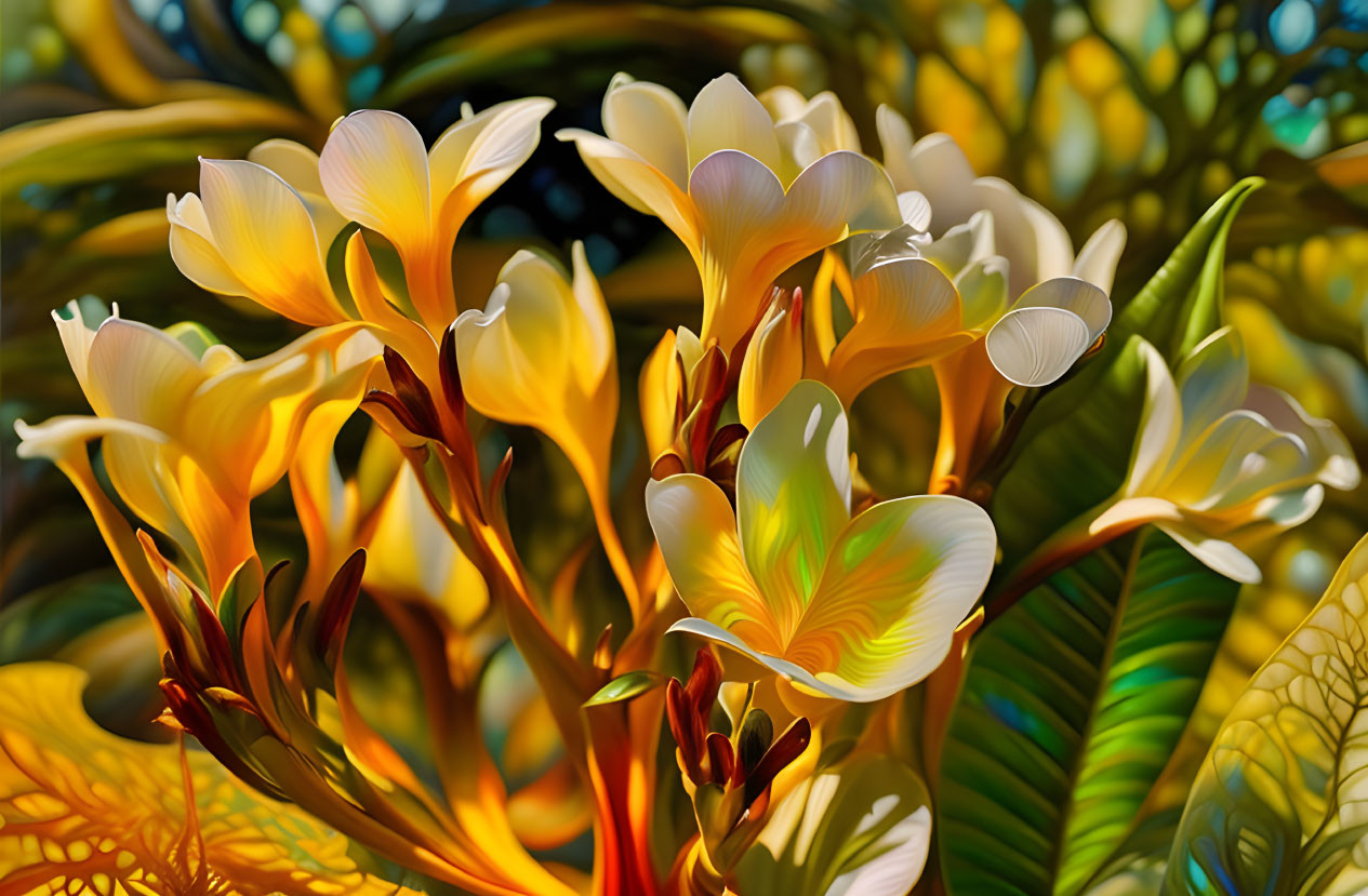 Cluster of Creamy Yellow Plumeria Flowers in Lush Green Setting