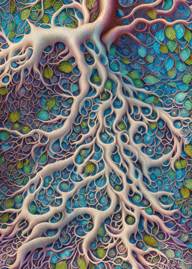 Detailed artwork of a vibrant, fantastical tree with intricate branches and leaves