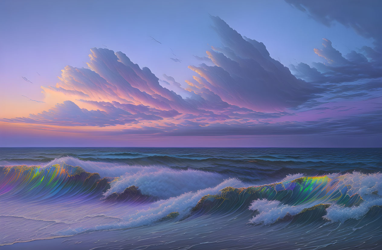 Vibrant dusk seascape with iridescent waves and dramatic sky