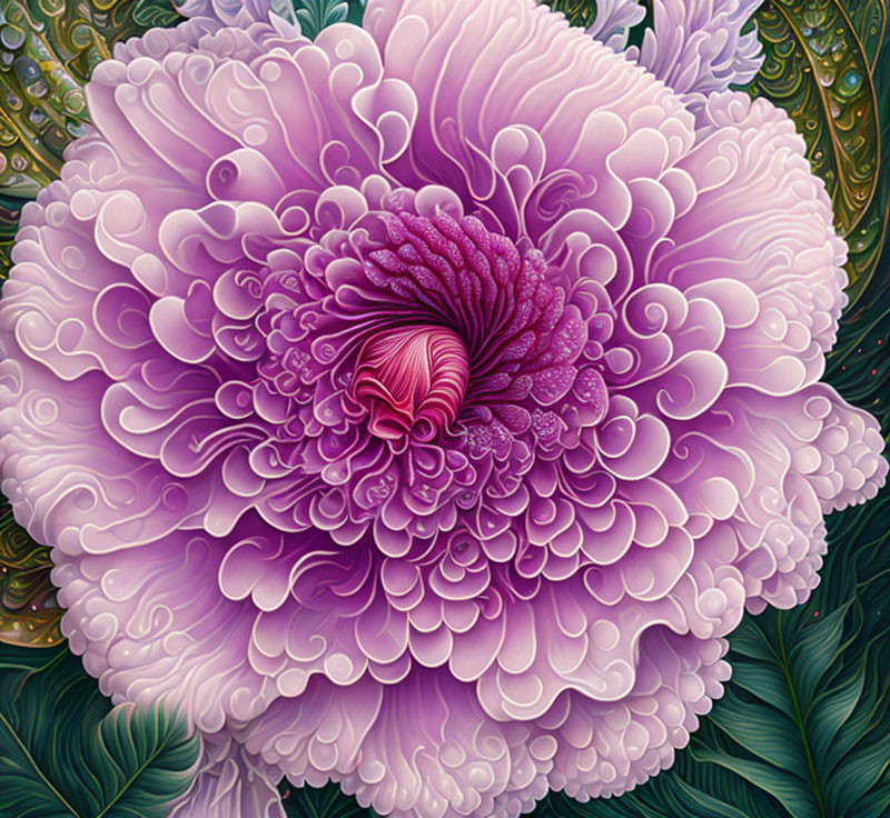 Detailed digital painting of lush purple chrysanthemum with dew drops on intricate petals, against green