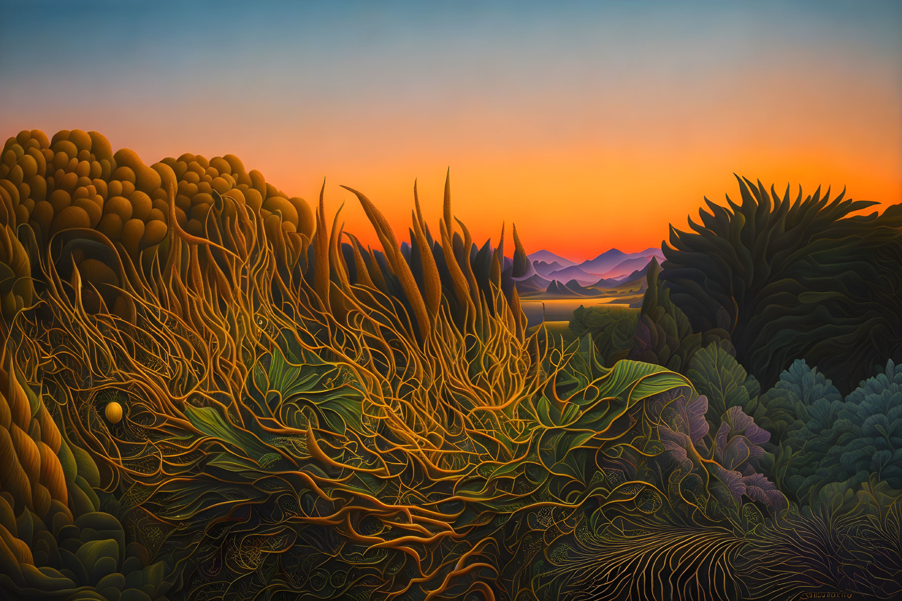 Vibrant surreal landscape with swirling vegetation, hills, and mountains