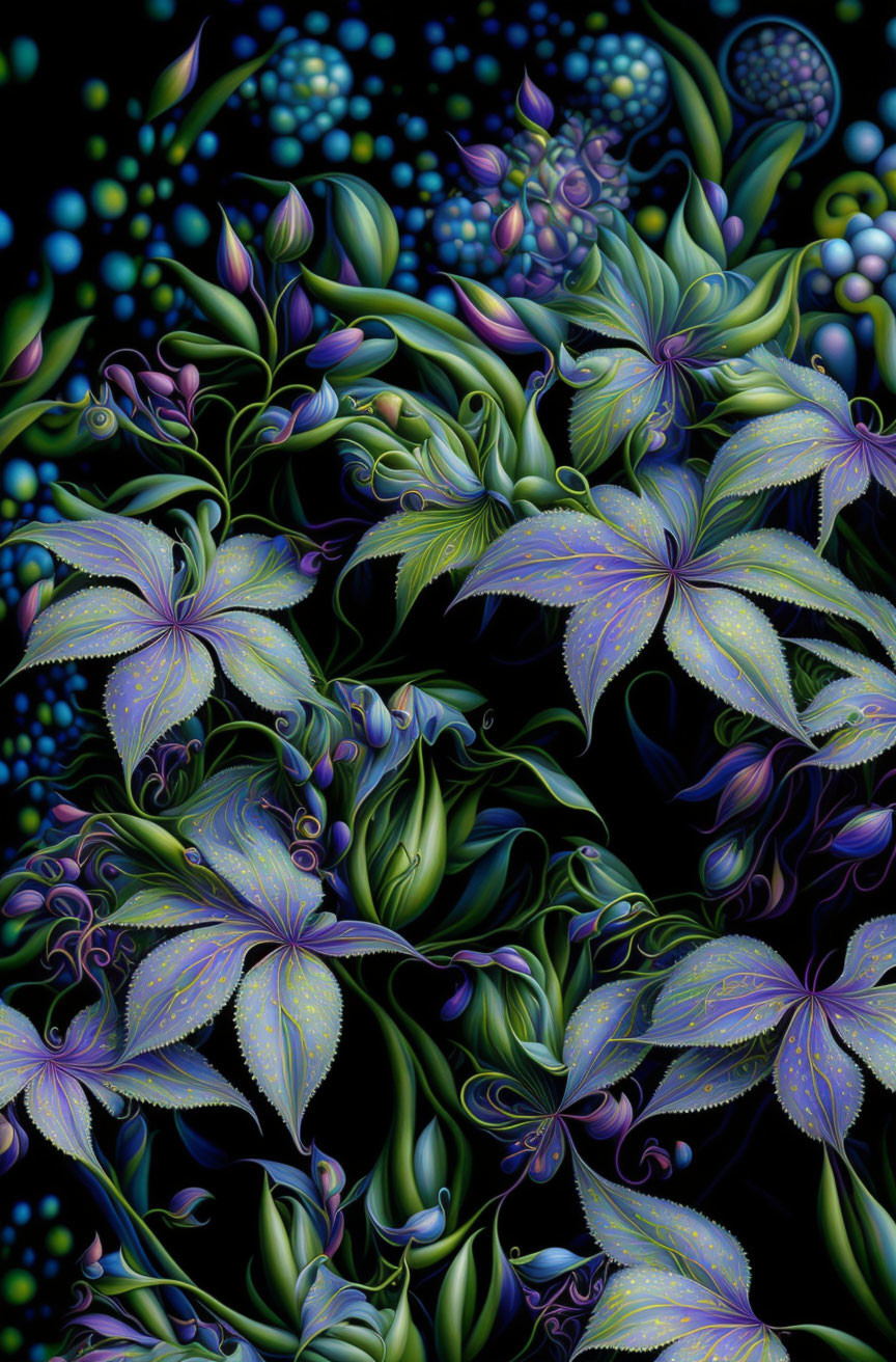 Neon-colored flora digital artwork with intricate patterns on dark background